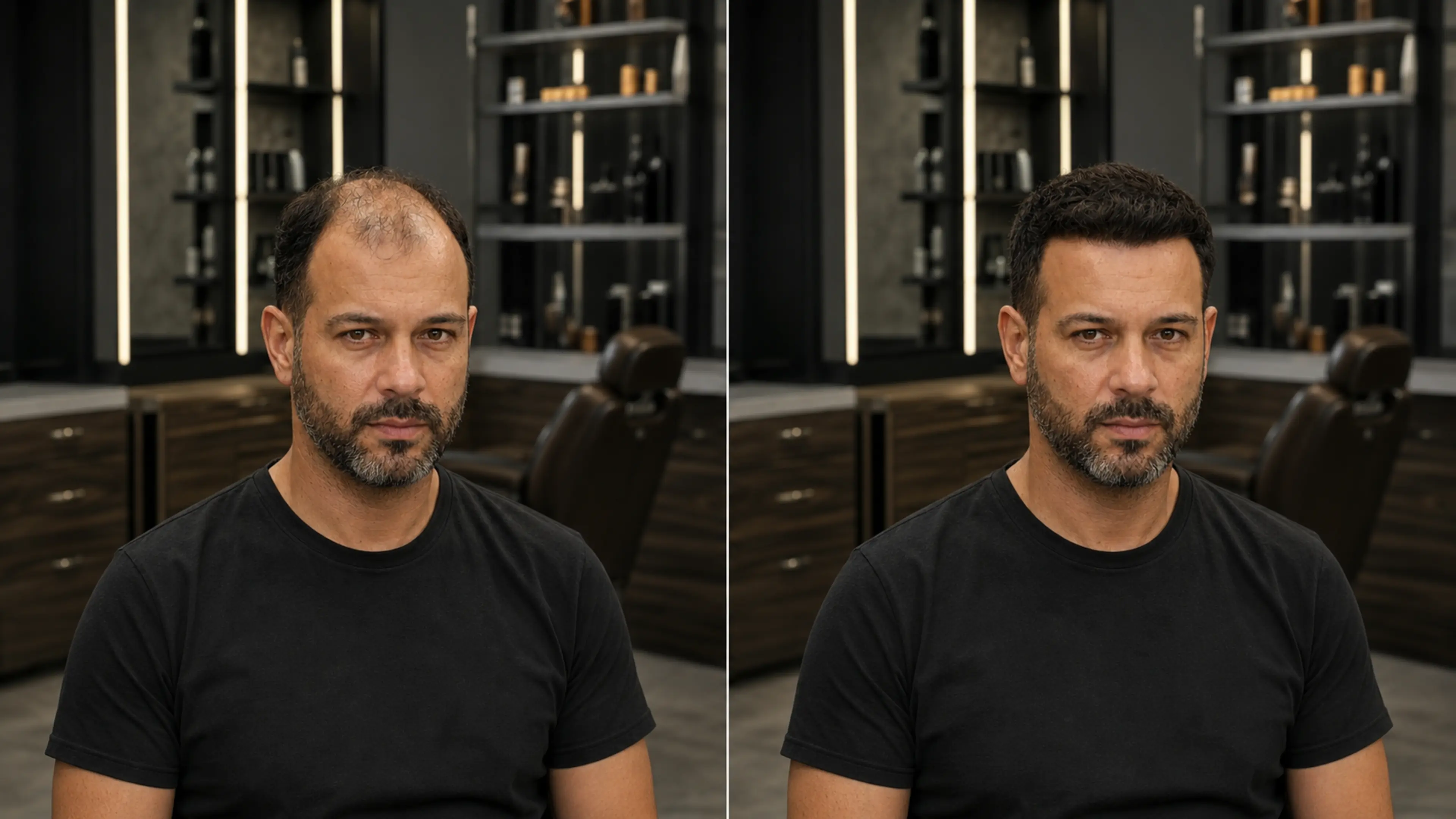 Simulação visual do mesmo cliente antes e depois da prótese capilar