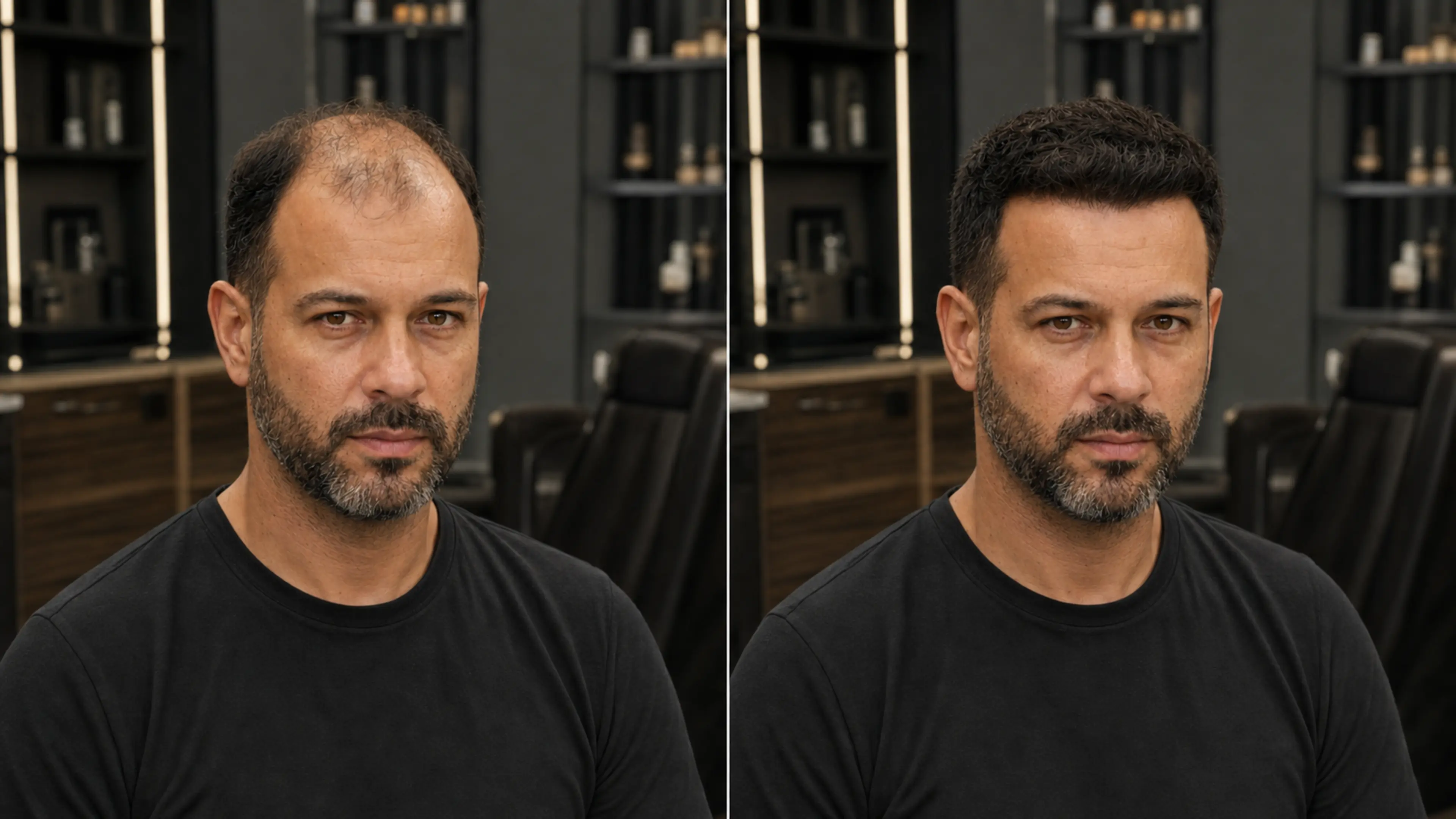 Simulação visual do mesmo cliente antes e depois em ângulo de três quartos