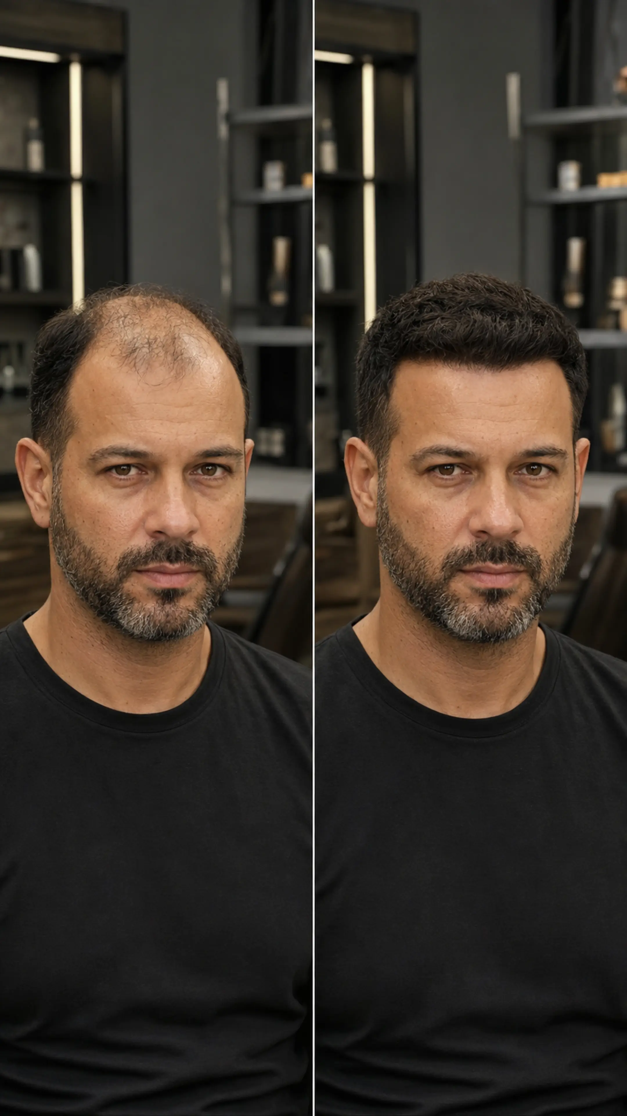 Simulação visual de antes e depois de prótese capilar em homem anônimo
